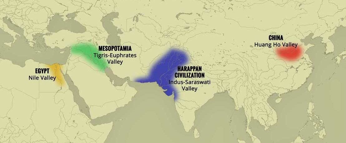 四大古文明：兩河流域、尼羅河、印度河和恆河流域以及黃河和長江流域。