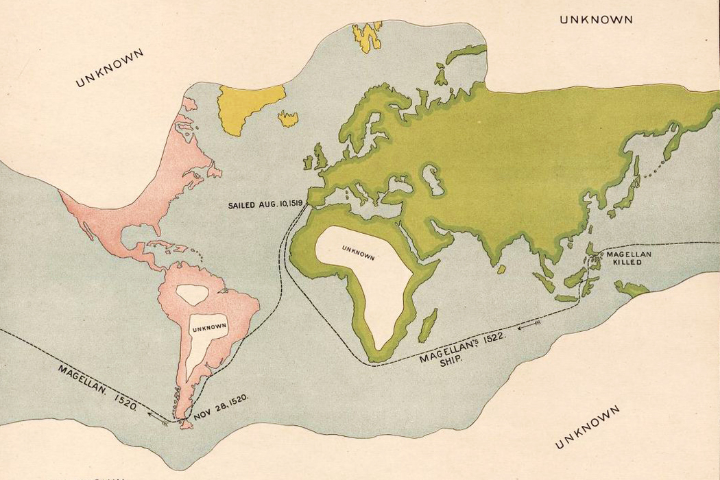 麥哲倫的航行路線。