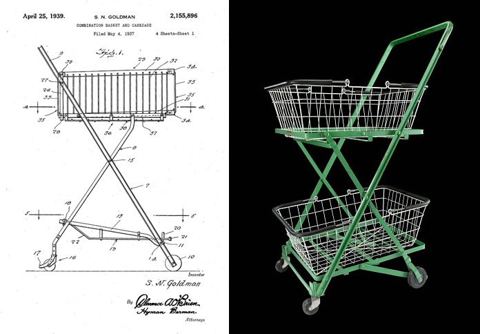 美國專利局的1937年超市手推車設計圖；最初的超市手推車復刻版。