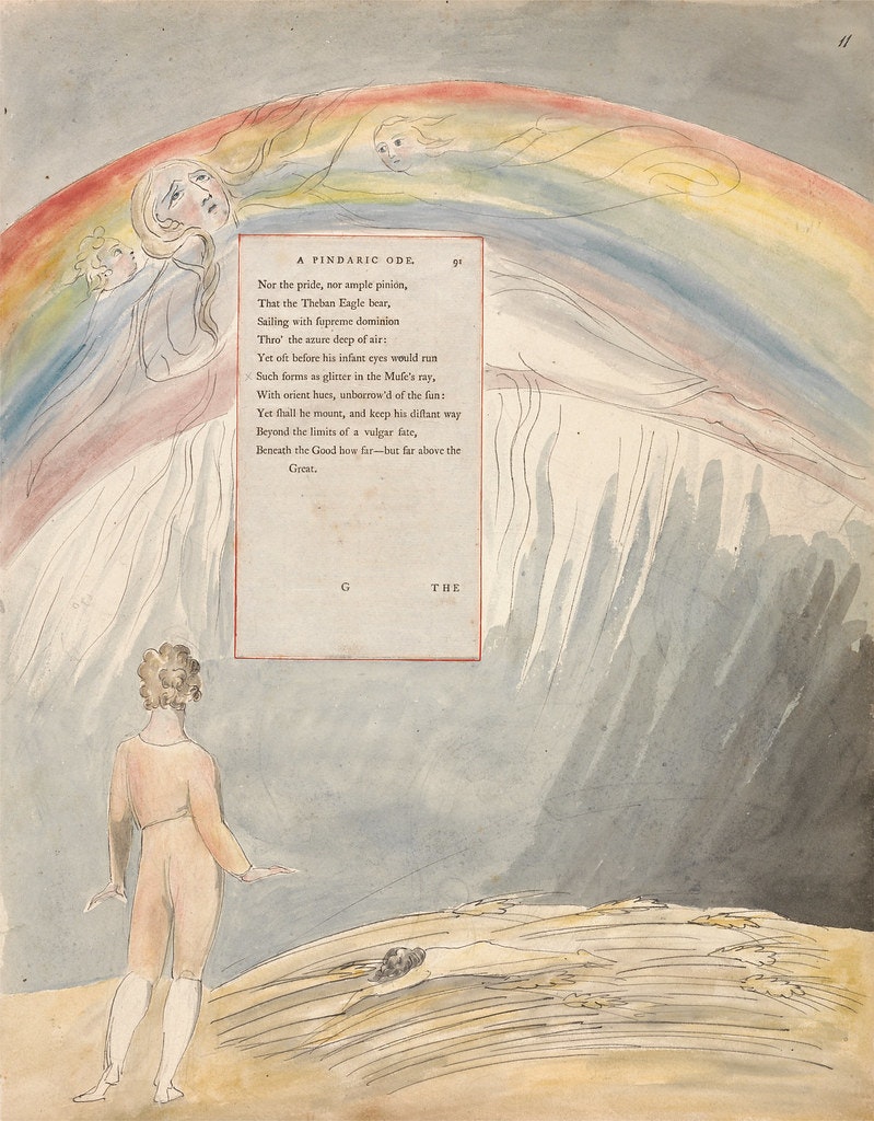 威廉‧布萊克（William Blake）著作《The Poems of Thomas Gray，1797年－1798年》的彩虹插圖。