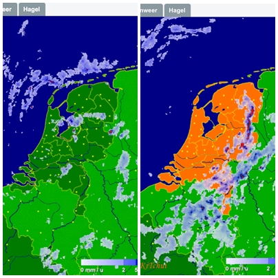 隨著荷蘭隊打入世界盃足球賽的前八強，  buienradar.nl 也特地在地圖上把荷蘭的國土範圍塗成橘色，全力為自己的國家加油。