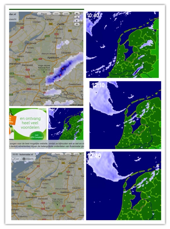 左上角的圖顯示在10:55 分時Apeldoom地區上方有雨雲，表示會下雨的機會極大；左下角的圖則顯示在11:15分時，Apeldoom地區沒有雨雲，表示不會下雨