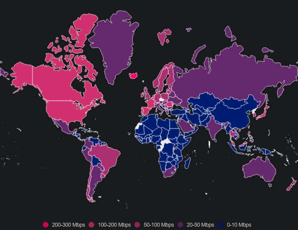 2022年全球各地的平均網速。
