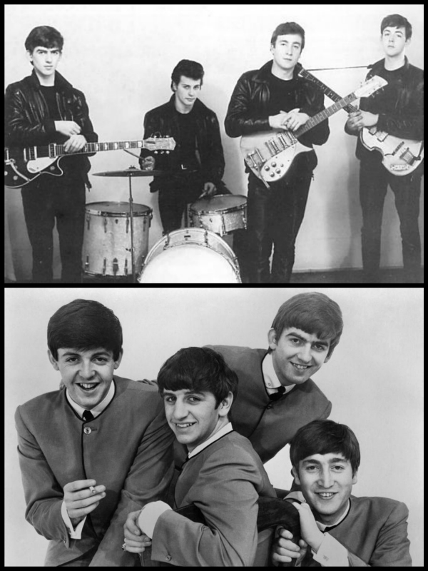 （上圖）1961年的Beatles還是以搖滾客的外型在演出，直到後來（下圖）被經紀人改造成我們所熟悉的摩特族形象。