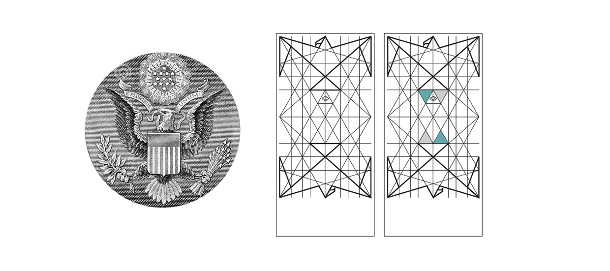 舊版美鈔的國徽有象徵美國的白頭海鵰與上帝之眼，新版的則用結構式的線條與圖案結合。