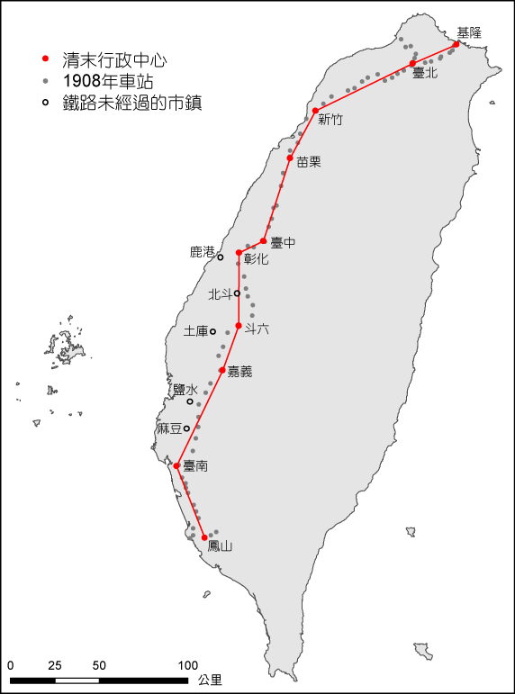 1908年火車路線圖。