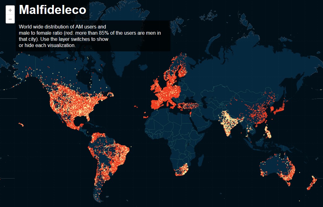 「Malfideleco」計劃讓人們可以一覽無遺的看到偷情會員所在的城市和性別比例。