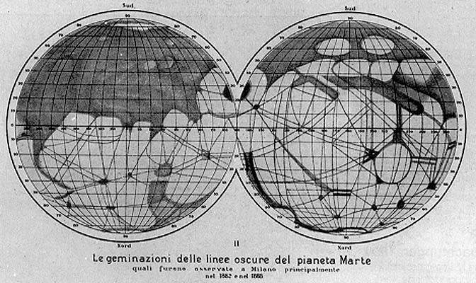 斯基亞帕雷利觀測後繪製火星上的「渠道」。